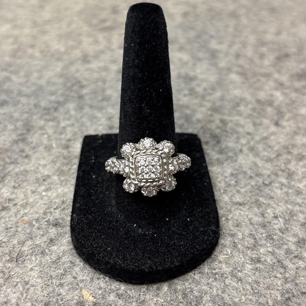JUDITH RIPKA Sterling Silver 925 Floral Pave Clear Stone Halo Ring Size 7, 8g